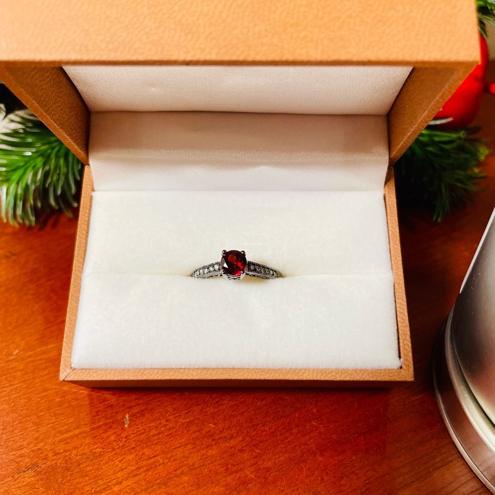 New 14K Black Gold Red Garnet & Diamond Non Traditional Engagement Ring, Sz 9